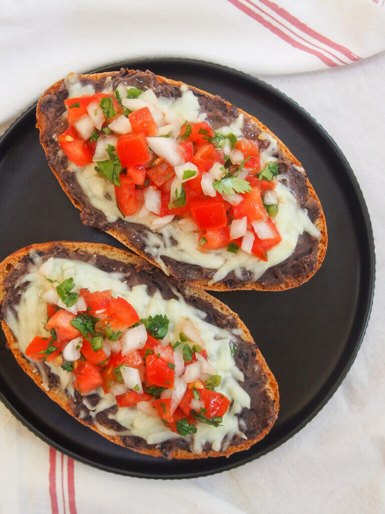 slices of Mexican molletes from overhead