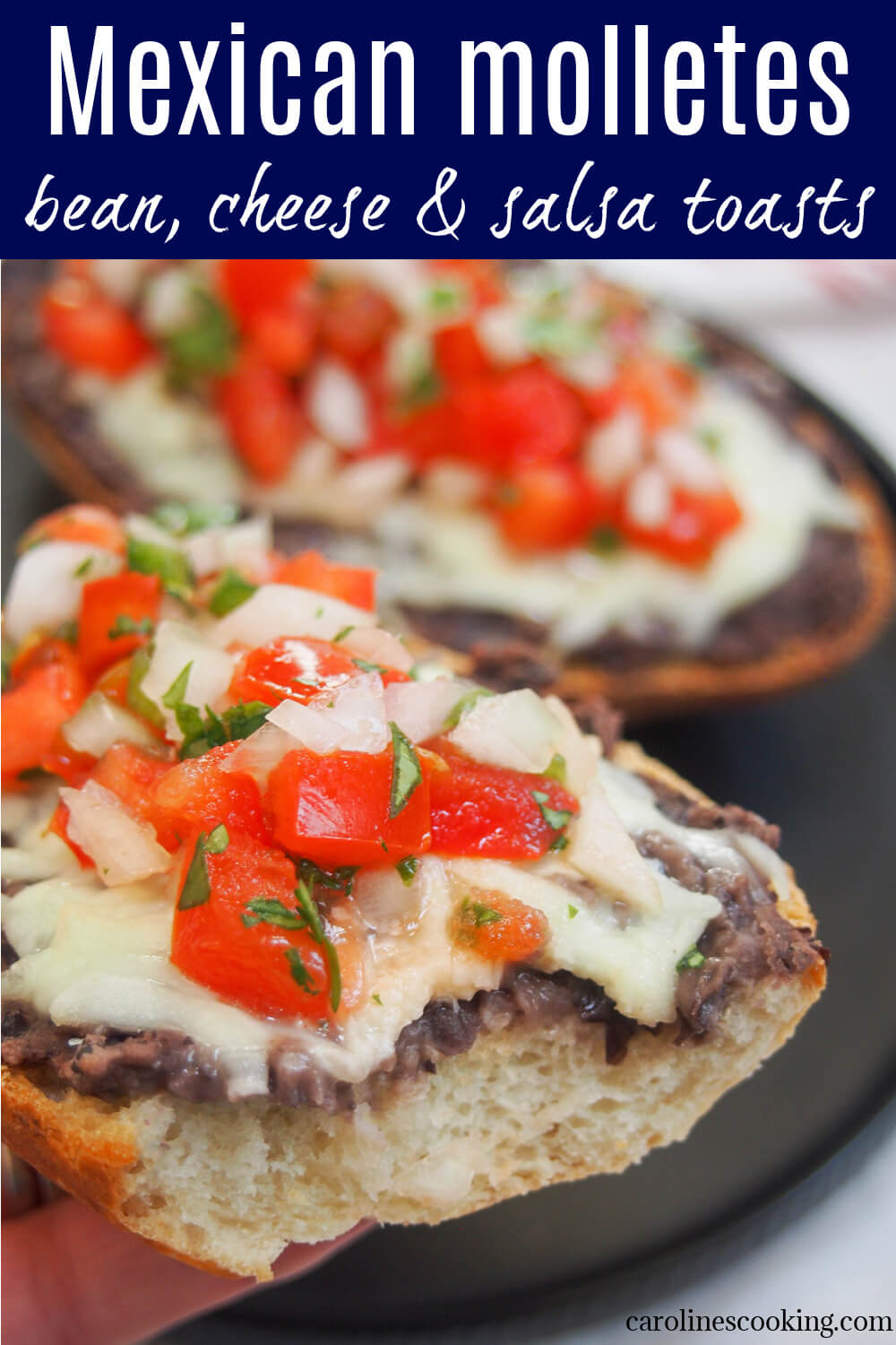 Breakfast (or any meal, to be honest) can hardly get more comforting than this easy and delicious Mexican creation.  Molletes loads cheese, beans and salsa fresca (pico de gallo) on bread and is as tasty as it sounds.  #mexicanbreakfast #vegetarianbreakfast 