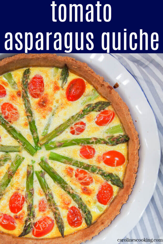 This spring-like tomato asparagus quiche has delicious, fresh flavors.  It's great for brunch or lunch and will have people back for more.  A great vegetarian option for a potluck as well.