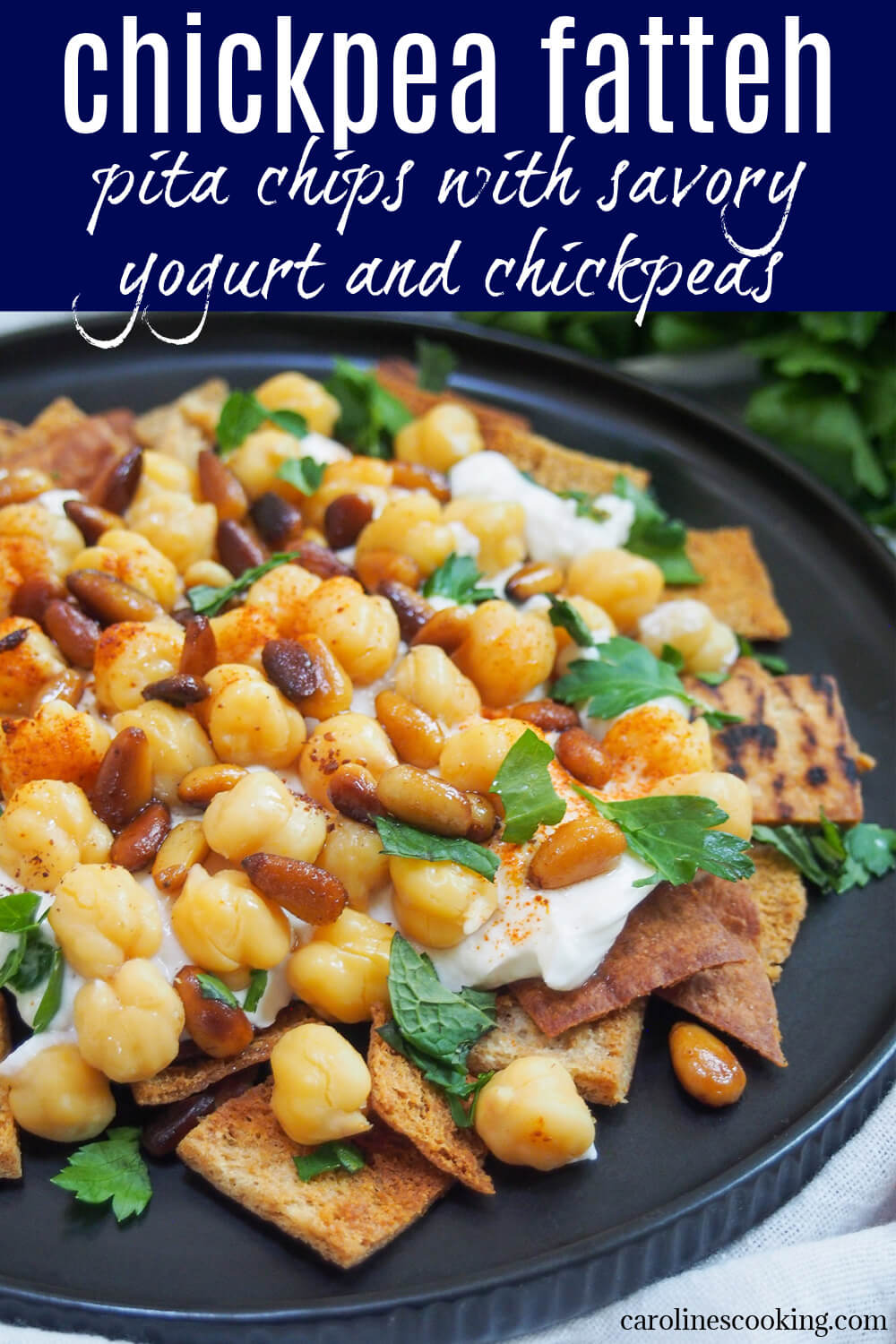 Chickpea fatteh is essentially a way to use up leftover pita, but really it's so much more.  The simple combination of crisp pita chips, savory seasoned yogurt and chickpeas is a delicious mix of flavors and textures.  Great as a snack or light meal (and traditionally breakfast!)