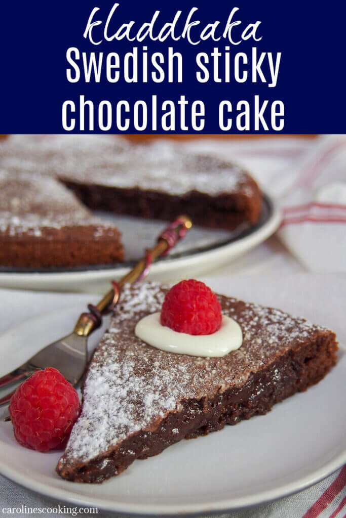 Kladdkaka is a wonderful Swedish chocolate cake that's crisp outside, sticky and gooey in the middle and packed with delicious flavor. Really easy and quick to make, it's a classic fika (coffee time) treat.