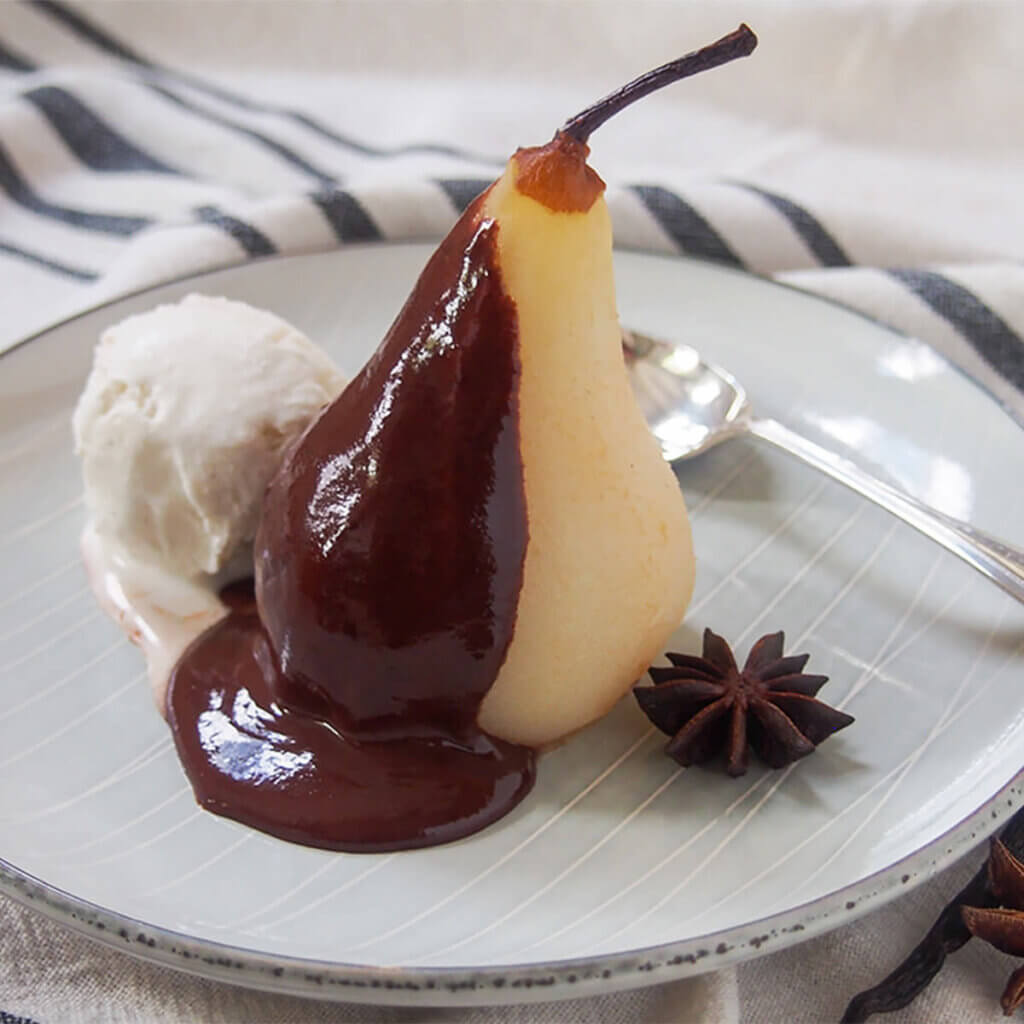 Poires belle Hélène poached pears with chocolate sauce Caroline's Cooking