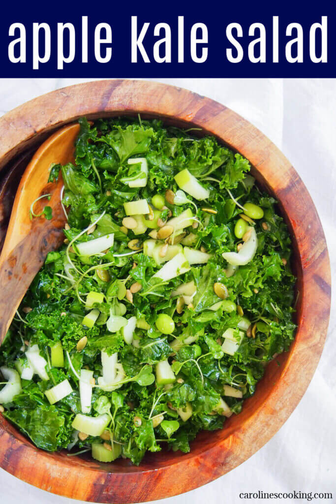 This apple kale salad is made with so many greens, from apple and celery to edamame and seeds. They all come together to make a super healthy, tasty lunch/side salad.