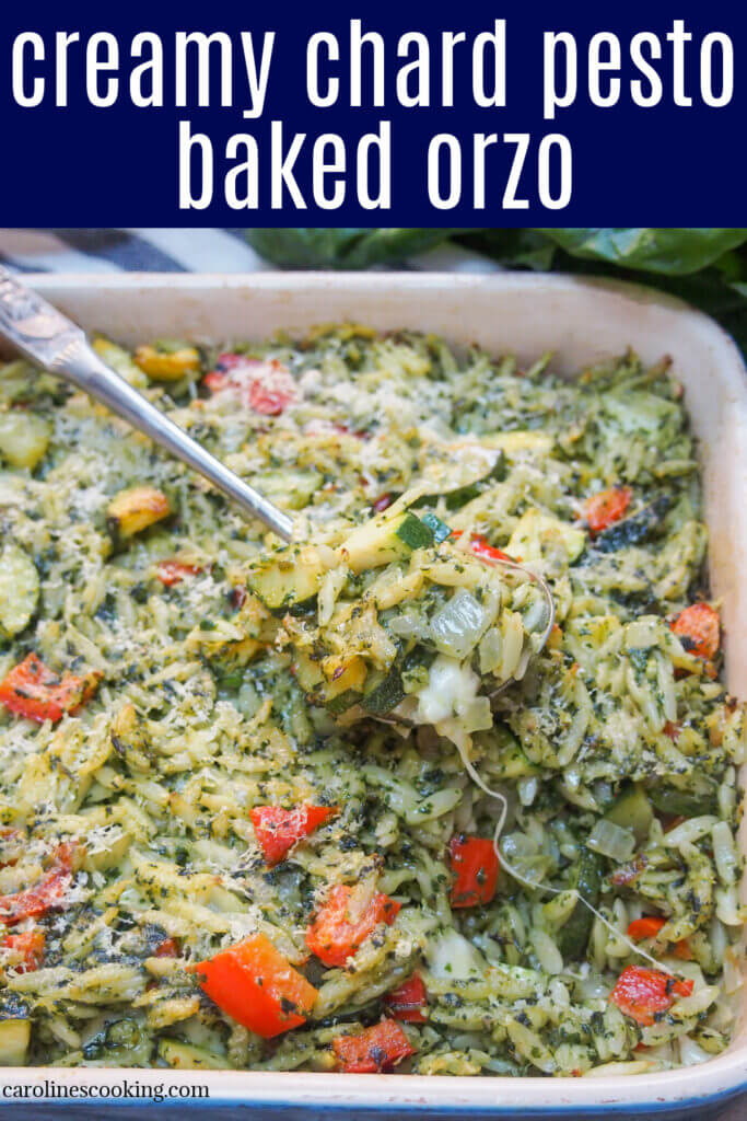 This creamy chard pesto baked orzo has all the comfort factor you would want in colder weather with that bit of freshness, too.  It has plenty of gooey cheese, but lots of healthy veg as well.  Perfect for any occasion.