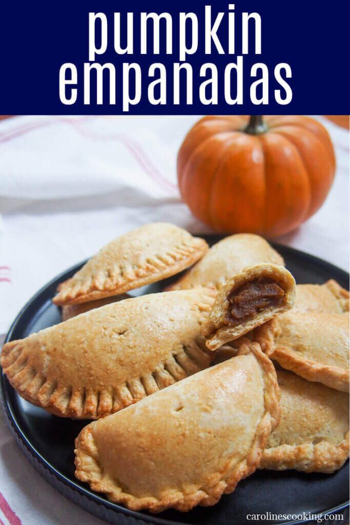 These pumpkin empanadas are delicious pastry pockets with a smooth, soft and gently spiced filling. Think of them like a pumpkin hand pie or almost a mini pumpkin pie - either way, they are easy to make and delicious!