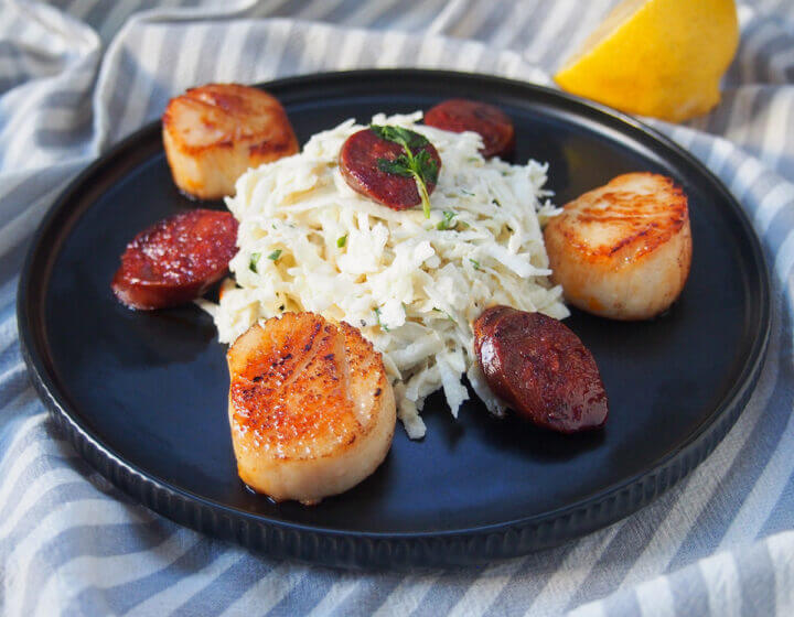 Celeriac remoulade, pan seared scallops and chorizo Caroline's Cooking