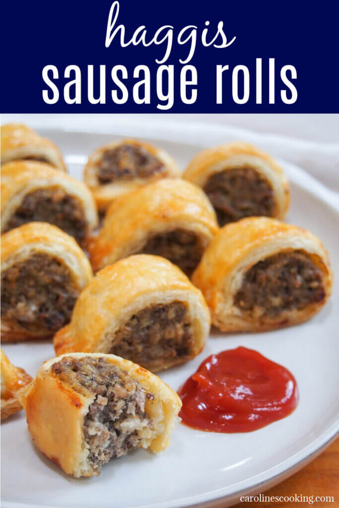 These haggis sausage rolls are a great way to use leftover haggis, introduce people to the flavors of haggis in a milder form, or just as an excuse to have a tasty savory snack! Easy to make, and perfect finger food.