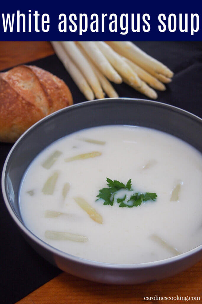 White asparagus soup is a creamy, delicately flavored soup that you'll find all over Germany during white asparagus season. It is easy to make and a delicious taste of spring. 