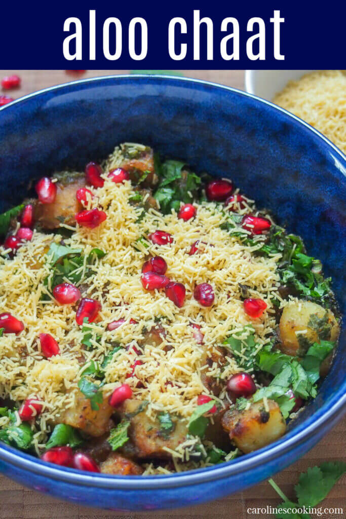 Aloo chaat is a delicious Indian snack combining fried potatoes with spices, chutney, herbs and more. It's easy to make, has tangy and spicy flavors and is addictively good.