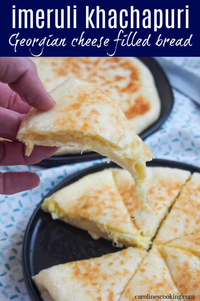Imeruli khachapuri is a delicious cheese filled bread that's easy to make. It's a simple bread base with oozing cheese inside after a quick cook. Great for sharing, as a snack or part of lunch.