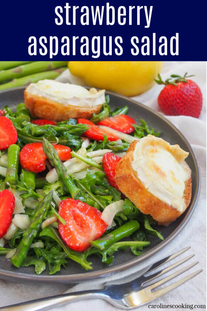This delicious strawberry asparagus salad brings tasty spring flavors, with a bright lemony dressing and goat cheese toasts on the side (which are optional but go so well). Lots of great flavor, easy to make and perfect as a lunch or appetizer.