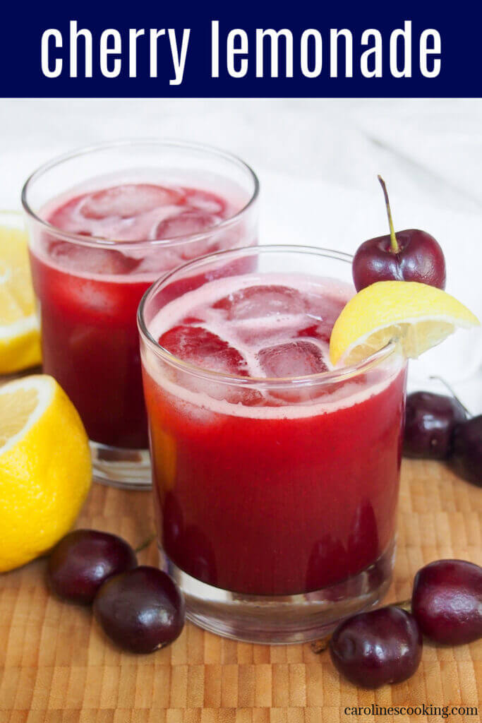This cherry lemonade is a brightly colored and brightly flavored twist on the classic. Making it with real lemons and cherries makes the flavors pop, with natural vibrant color as well. Easy, delicious and so refreshing.