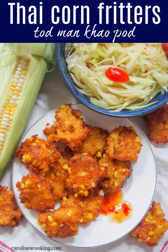 These Thai corn fritters (tod man khao pod) are addictively tasty little bites, packed with corn and flavored with bright lime leaves and red curry paste. They're easy to make, naturally gluten free and perfect for snacking on, or as an appetizer. 