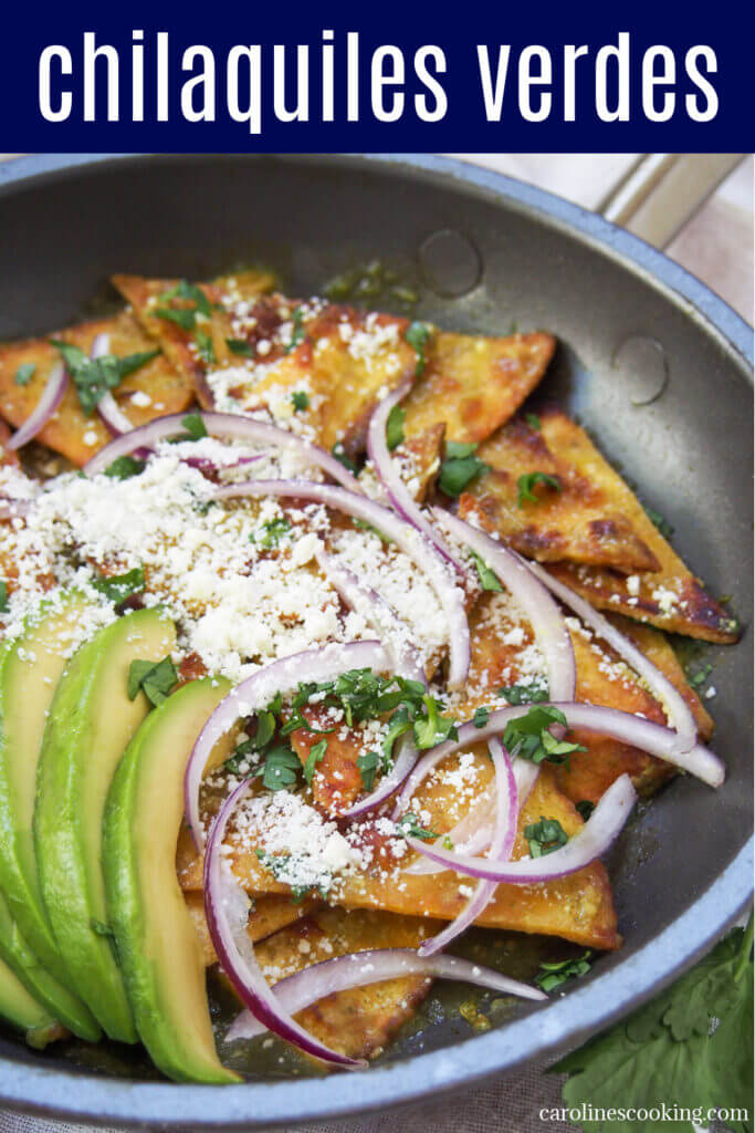 Chilaquiles verdes is a delicious combination of crisp tortilla chips coated in salsa verde, making a quick, comforting dish that's perfect for brunch. You can keep it simple or dress it up with lots of toppings - easy and tasty either way.