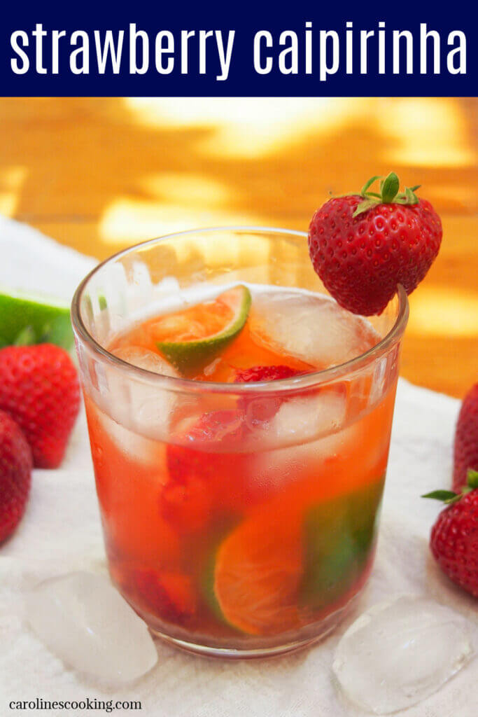 This strawberry caipirinha is a bright, fresh and fruity variation on the classic Brazilian cocktail. It's easy to make directly in the glass, gently sweet but with a kick, too. Perfect to sip on on a warm day.