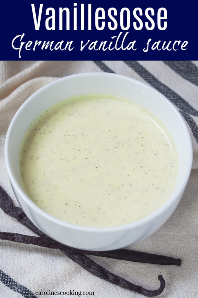 Vanillesoβe, German vanilla sauce, is easy to make and great served warm or chilled, poured over all your favorite desserts and treats. Creamy, comforting and delicious.