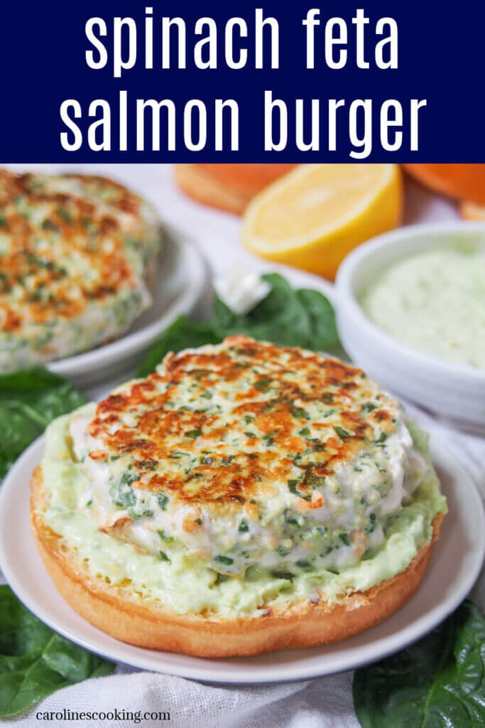 This spinach feta salmon burger makes a tasty, relatively healthy alternative to a traditional burger that's also really quick to make. Just four simple ingredients (and no breadcrumbs) in the burger itself - juicy, flavorful, so good.