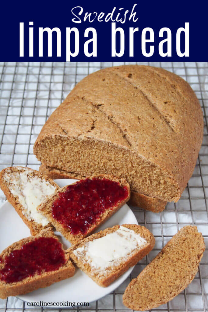 Swedish limpa bread is a wonderfully soft part rye loaf with a touch of spice and molasses. Easy to make & delicious with simple toppings like butter, jam or cheese.