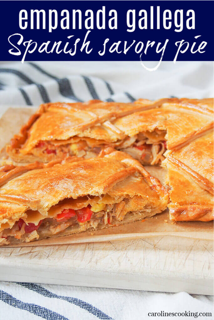 Empanada gallega is a delicious Spanish savory pie, filled with tender onion, pepper and tomato and, in this case, tuna and egg. A delicious combination, great as a snack or lunch. Typically made as a larger pie and cut into slices to share (or come back for more!).