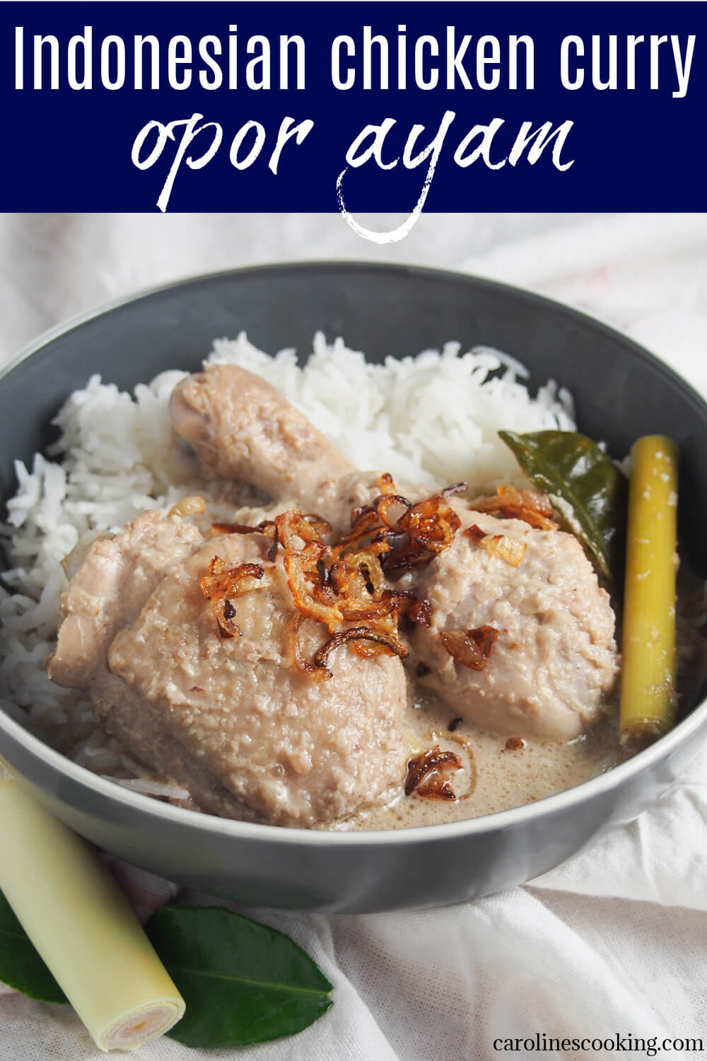 Opor ayam is a creamy, aromatic Indonesian chicken dish that's so easy to enjoy. It's kind of a stew or curry, with plenty coconut-based sauce, infused with lemongrass, ginger and garlic, that you'll want to soak up with some rice. Wonderfully comforting and great for any night. Opor ayam is a creamy, aromatic Indonesian chicken dish that's so easy to enjoy. It's kind of a stew or curry, with plenty coconut-based sauce, infused with lemongrass, ginger and garlic, that you'll want to soak up with some rice. Wonderfully comforting and great for any night.