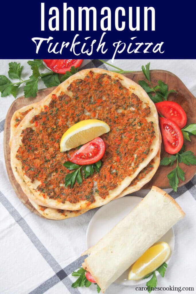 Lahmacun, often called Turkish pizza, is an easy and tasty dish - a thin dough base topped with a deliciously seasoned meaty topping. Perfect finger food.