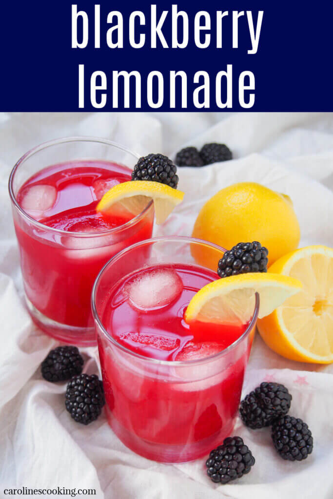 This blackberry lemonade is easy to make with a lovely bright color and sweet-tart flavor. It's refreshing, gently berry-ish and perfect for a warm day.