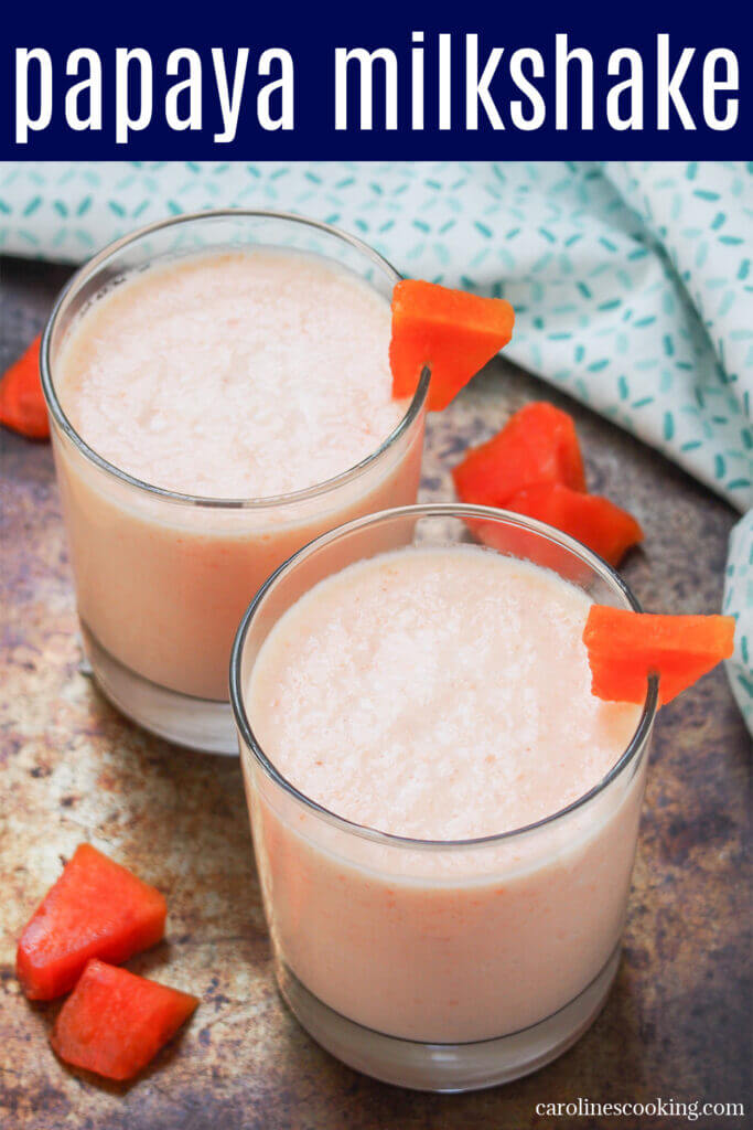 This papaya milkshake is creamy, fruity, cool and delicious. It's easy to make, refreshing and the delicate tropical flavor is perfect for a warm day (or to imagine you're somewhere warm).