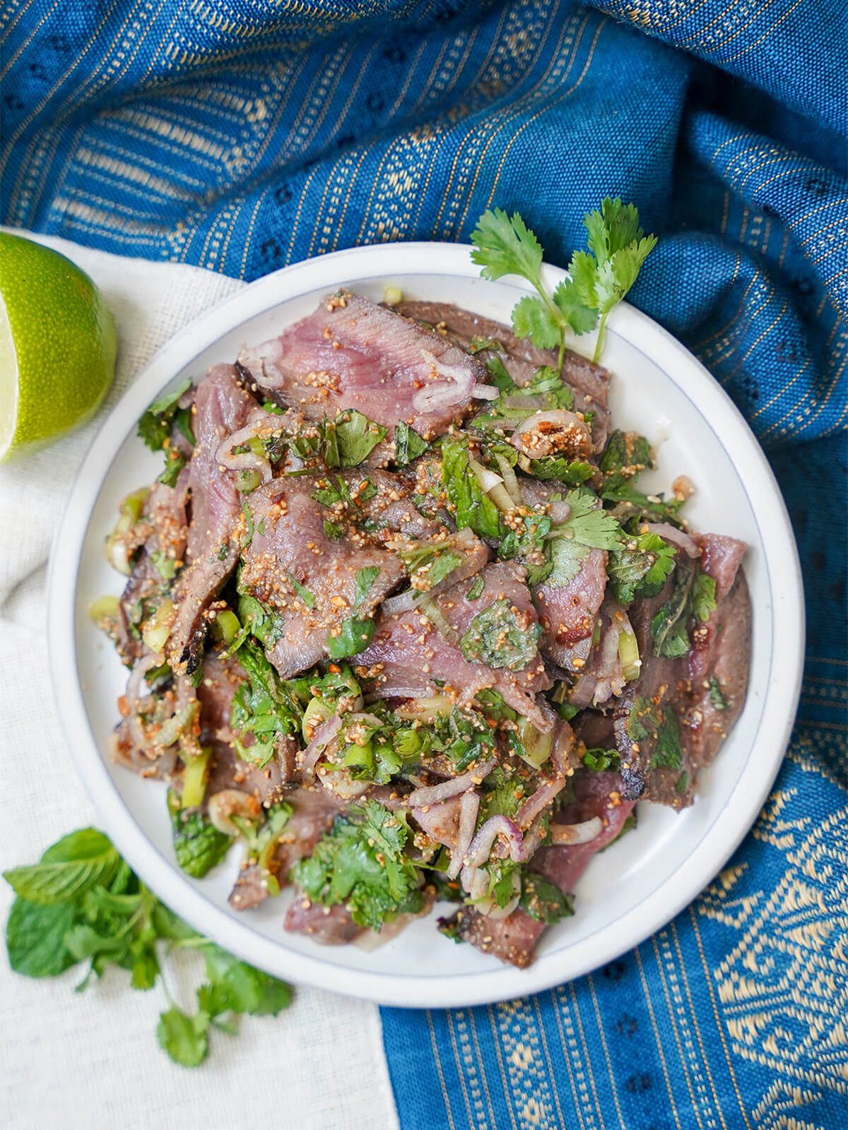 Thai beef salad (Nam Tok, 'waterfall beef') overhead view of nam tok waterfall beef salad.
