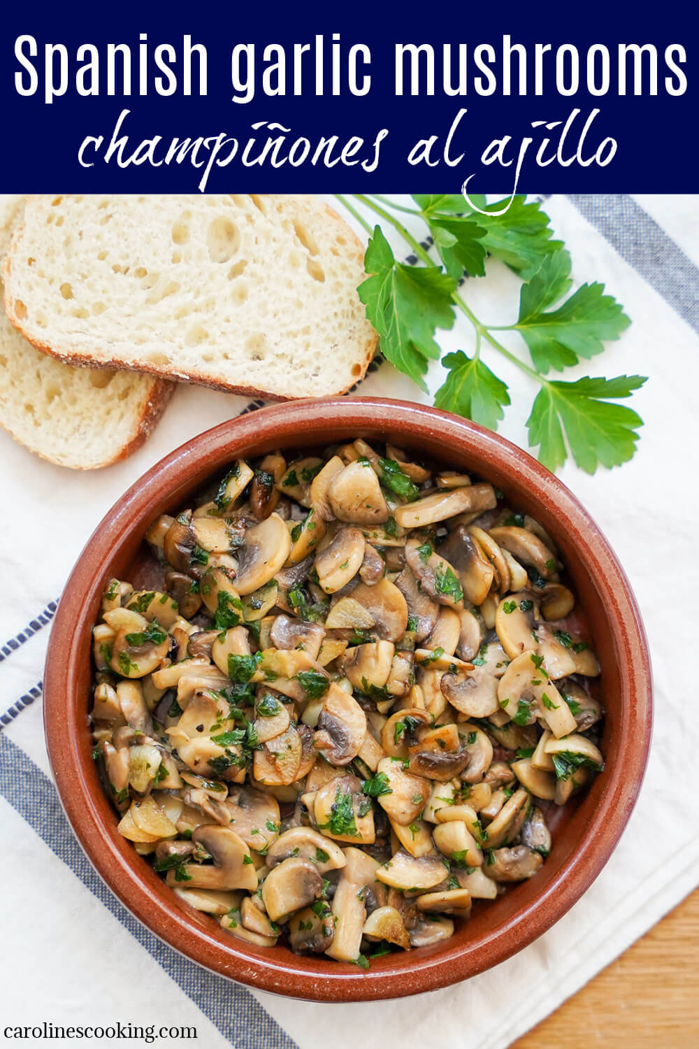 Spanish garlic mushrooms, champiñones al ajillo, are a super easy tapas dish with lots of great flavor. Perfect to mix in with other tapas, or serve as a side to a main meal.