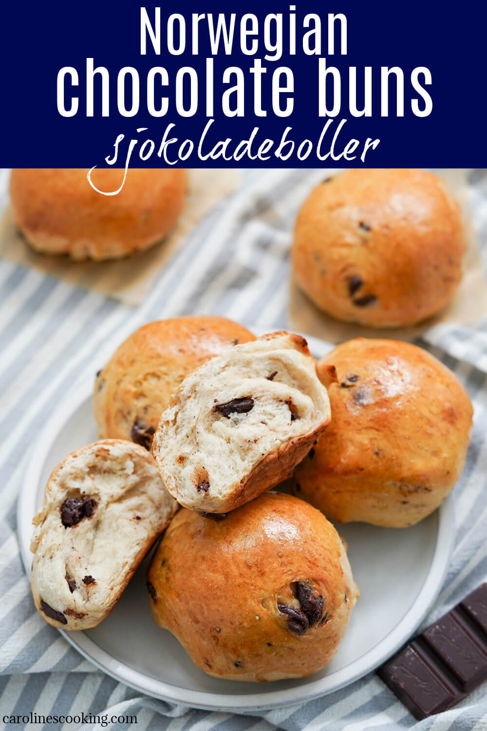 Norwegian chocolate buns, sjokoladeboller, are gently sweet, cardamom-flavored rolls studded with chocolate. They're easy to make and a tasty treat any excuse.