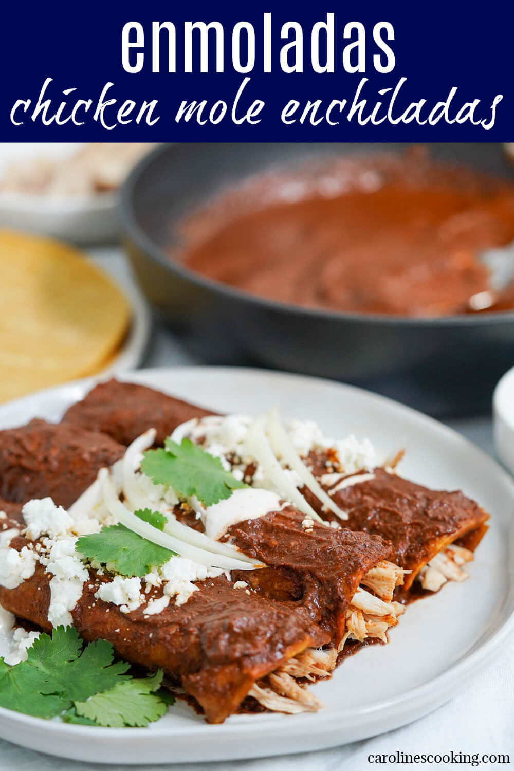 Enmoladas combine fried corn tortillas, mole sauce and shredded chicken for a wonderfully quick, easy and tasty Mexican meal. These chicken mole enchiladas are comforting and perfect any excuse.