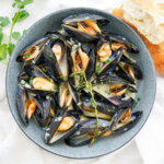 bowl of mussels in cream from overhead.