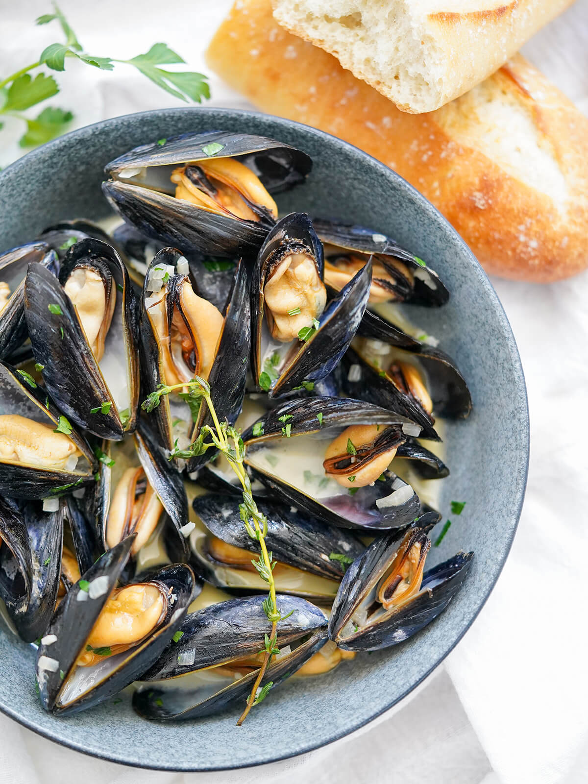 close overhead view of bowl of mussels in cream