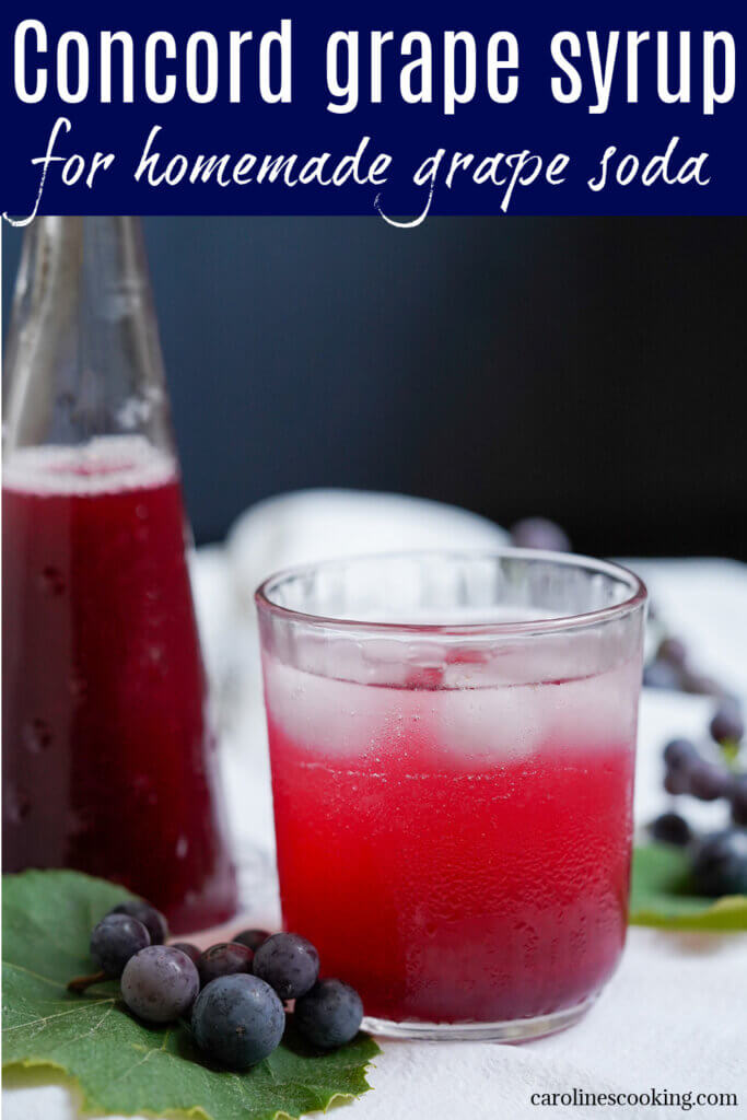 This Concord grape syrup makes a delicious homemade grape soda, as well as being great for cocktails and more. Brightly colored, aromatic and flavorful.