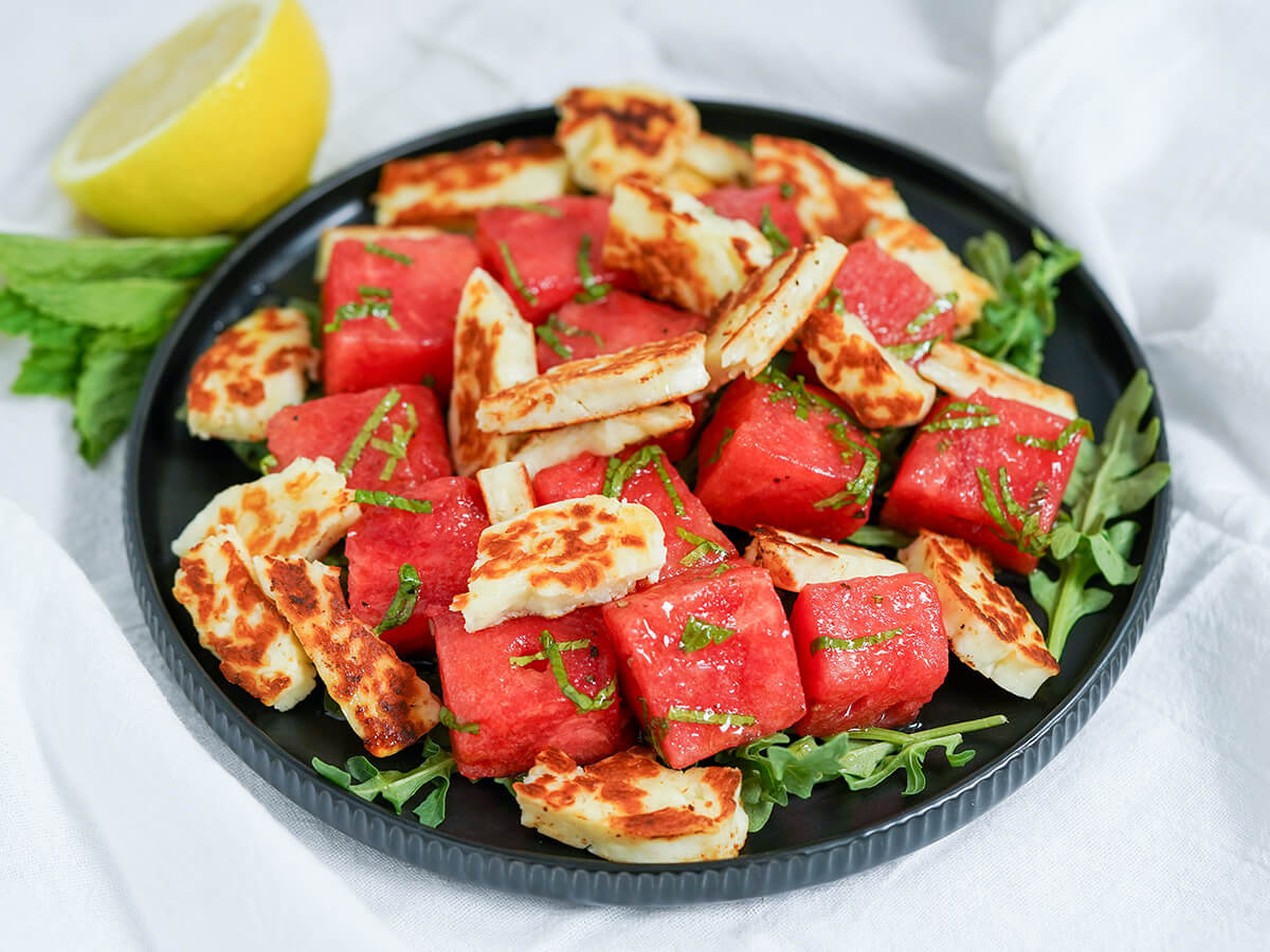 halloumi and watermelon salad plate of halloumi and watermelon salad.