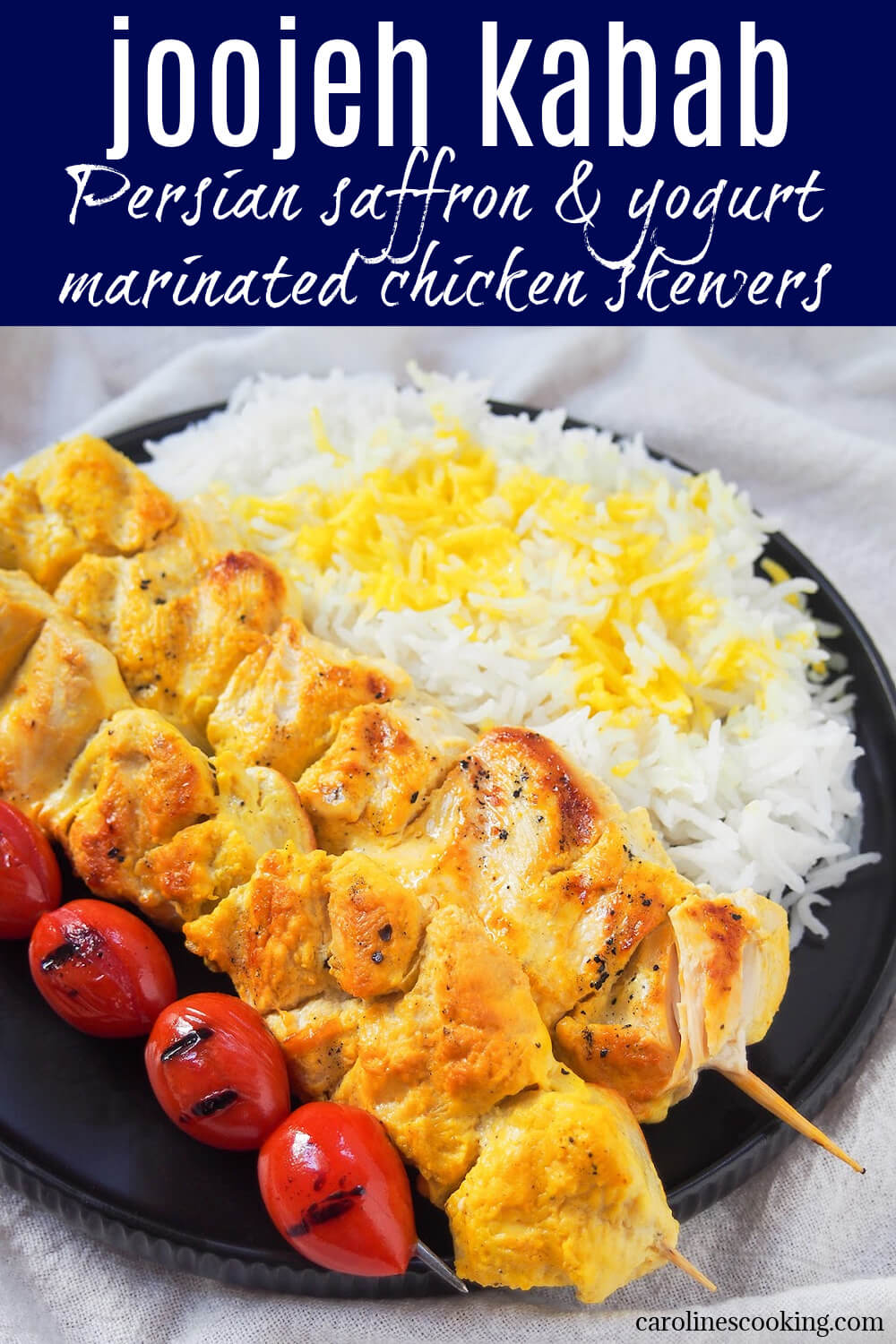 Joojeh kabab is an easy Persian skewer where chunks of chicken are marinated with saffron and yogurt. Easy, tender and delicious. Joojeh kabab is an easy Persian skewer where chunks of chicken are marinated with saffron and yogurt. Easy, tender and delicious.