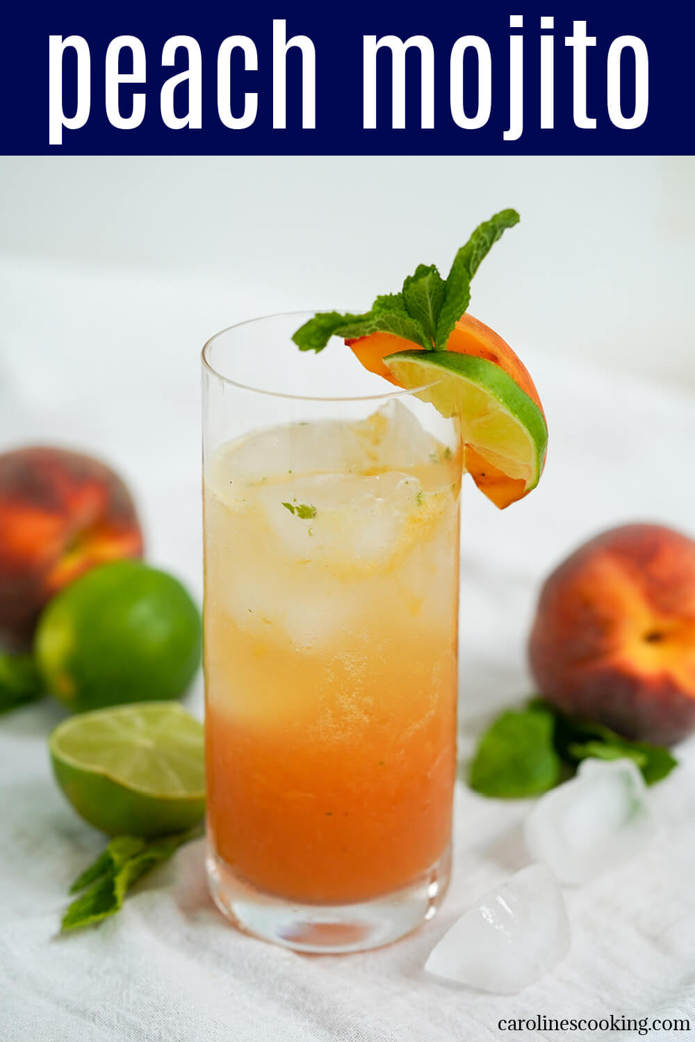 This peach mojito is a deliciously fruity twist on the classic cocktail. Easy to make, it's full of fresh summery flavors. Recipe includes a few adaptations including as a mocktail or frozen.