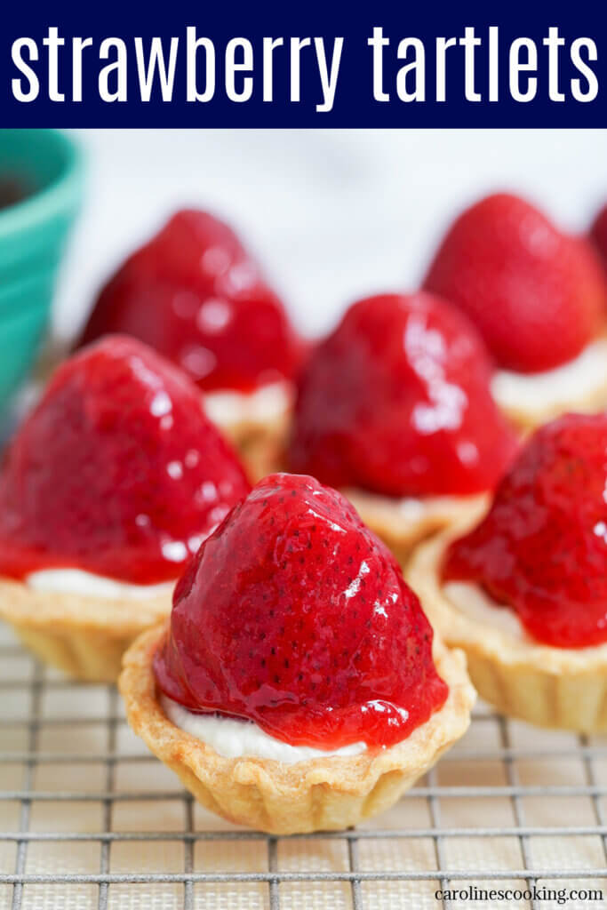 These strawberry tartlets are delicious little bites combining crisp pastry, smooth cream, juicy berries and a sweet fruity glaze. A yummy treat - maybe a little messy to eat but so worth it.