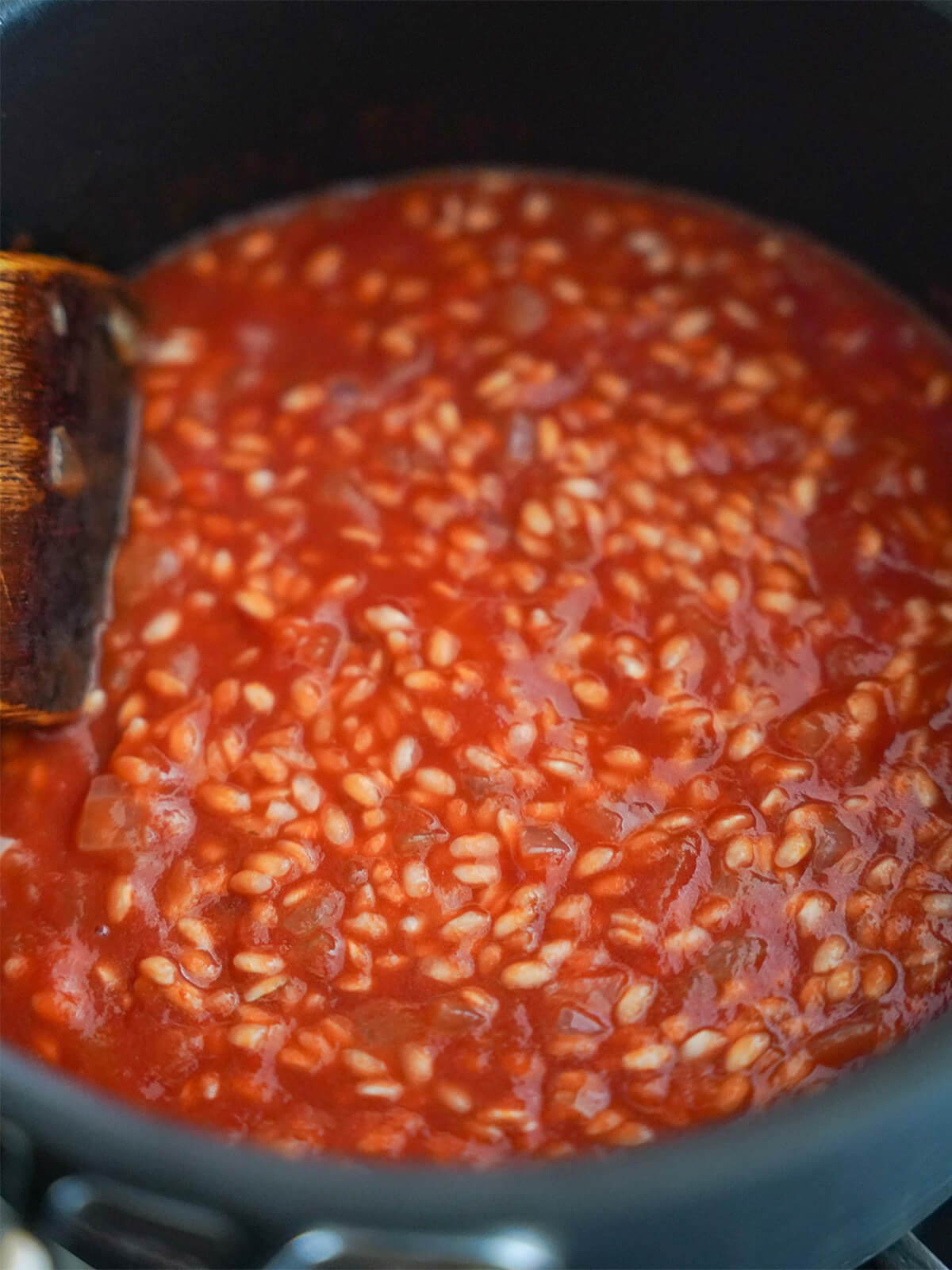 rice and tomato mixture starting to cook in pot.