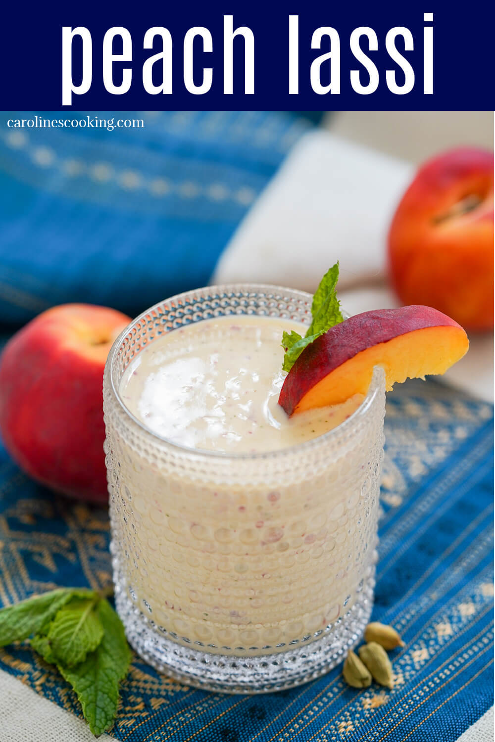 This peach lassi is a variation on the classic Indian yogurt-based drink. Easy to make, it's light, creamy and refreshing. Perfect for warm days.