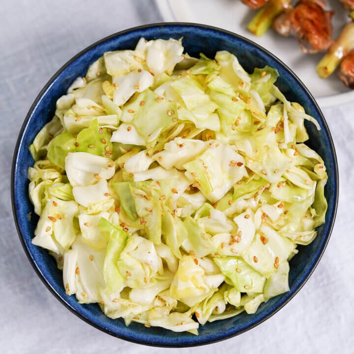 bowl of Japanese cabbage salad (yamitsuki cabbage) from overhead.