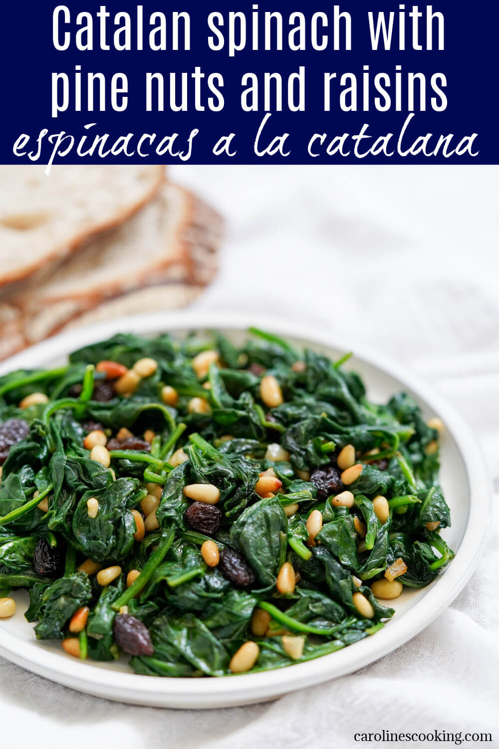 This Catalan spinach with pine nuts and raisins is wonderfully quick and easy to prepare, yet has a lovely mix of textures and flavors. Great as a tapas, side or on bread. This Catalan spinach with pine nuts and raisins is wonderfully quick and easy to prepare, yet has a lovely mix of textures and flavors. Great as a tapas, side or on bread.