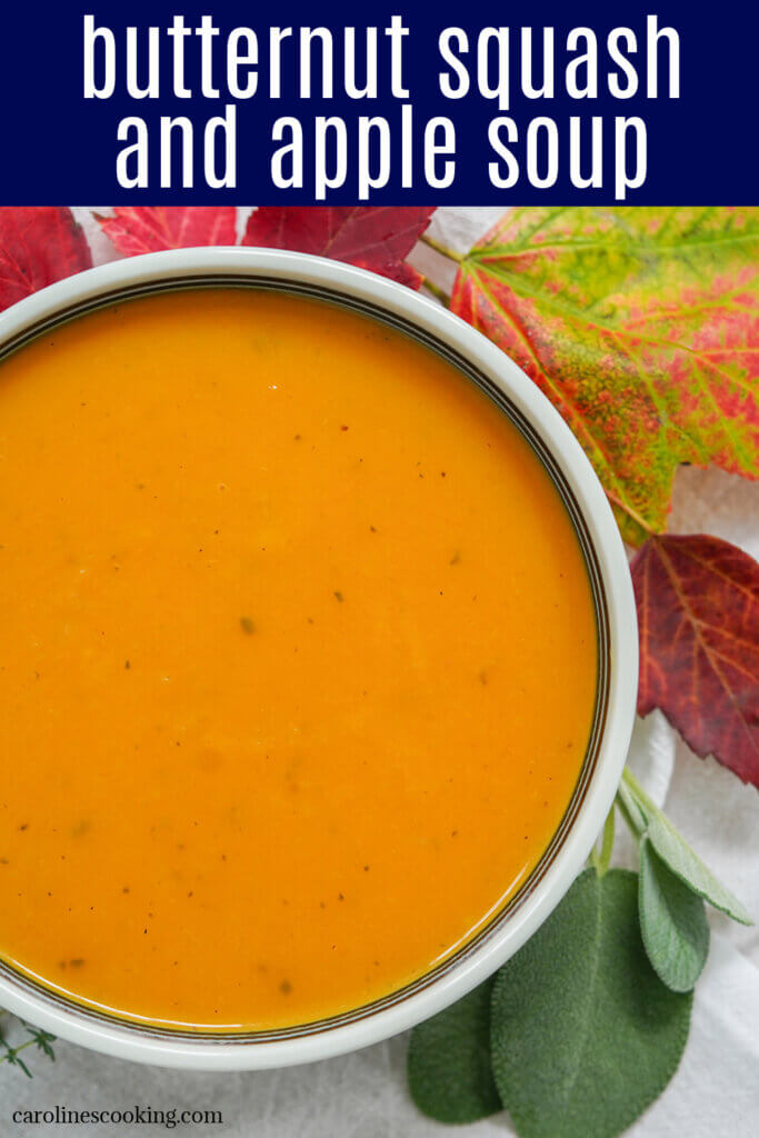 This butternut squash and apple soup is easy to make, and wonderfully smooth. A delicious balance of gently sweet and savory flavors, it's comforting and perfect for a chilly day.