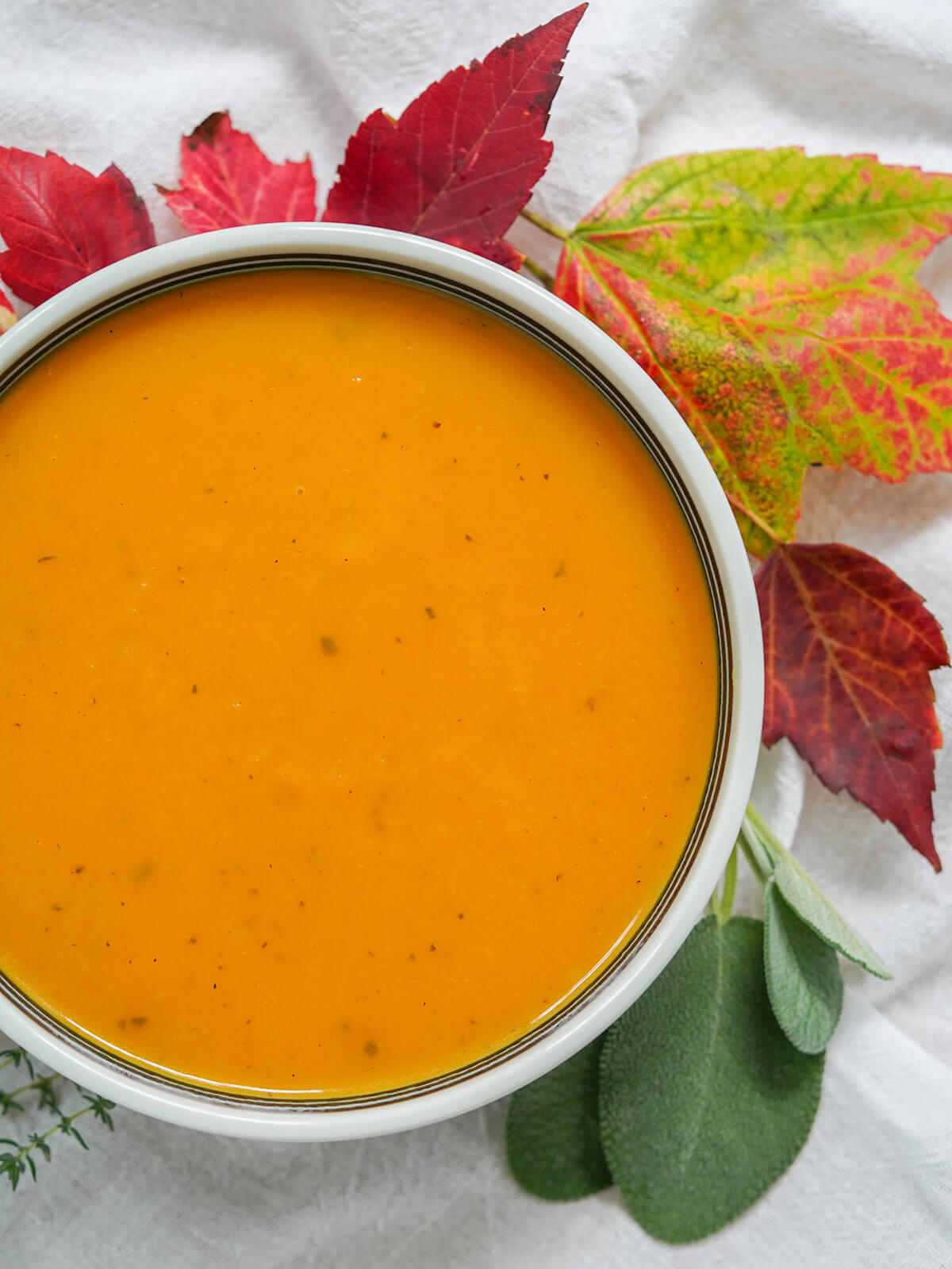 overhead view of bowl of butternut squash apple soup with leaves to side of bowl.