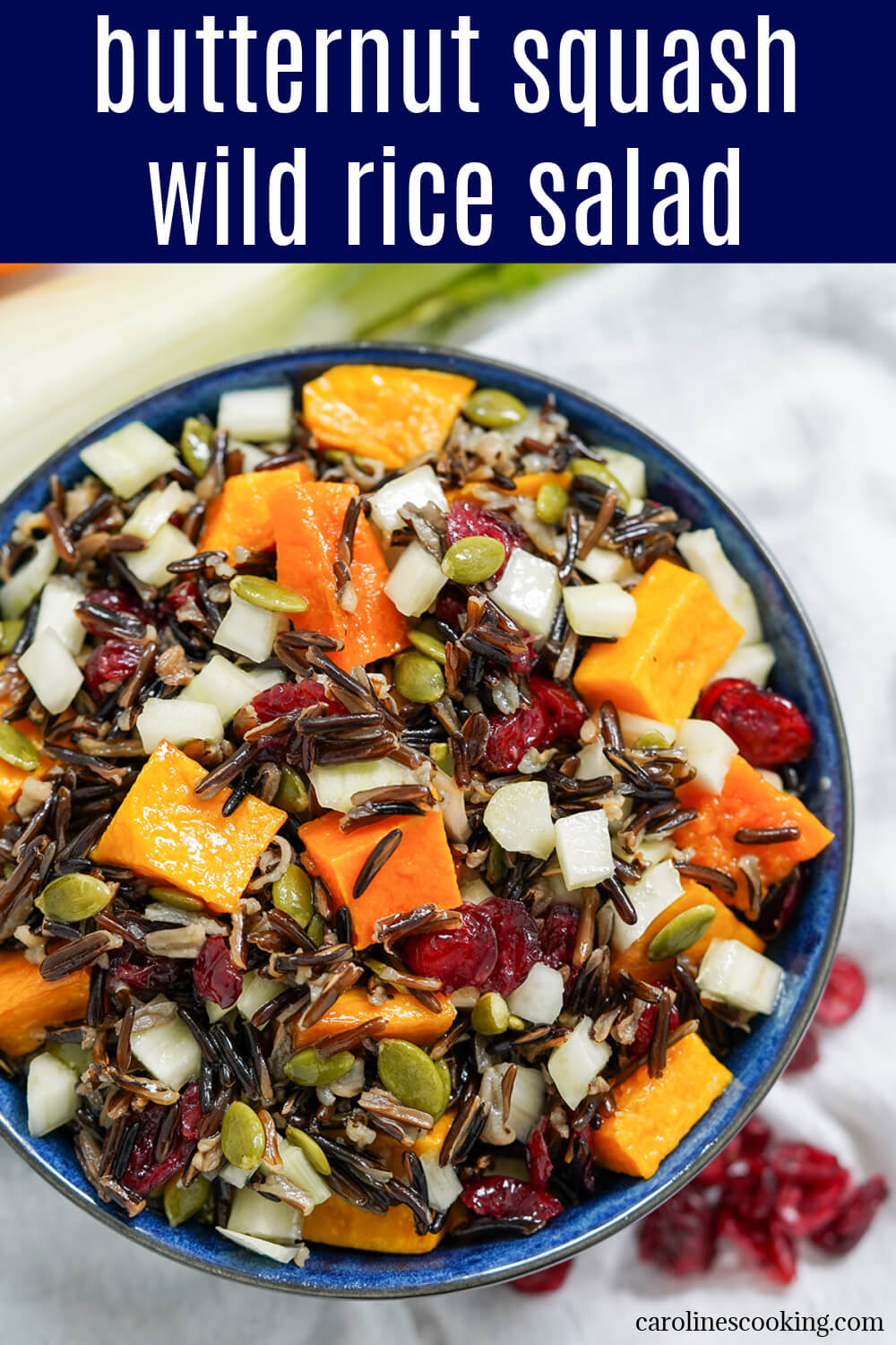 Easy to make, colorful and flavorful, this butternut squash wild rice salad would be perfect for a potluck, on a Holiday table or in your lunch box. Great for making ahead, too.