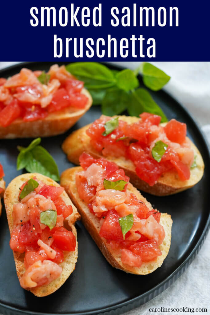 A light and delicious appetizer, this smoked salmon bruschetta is a simple twist on a classic. It's great for any occasion and quick to prepare. You can also prepare both the bread and topping ahead of time, then assemble and enjoy.