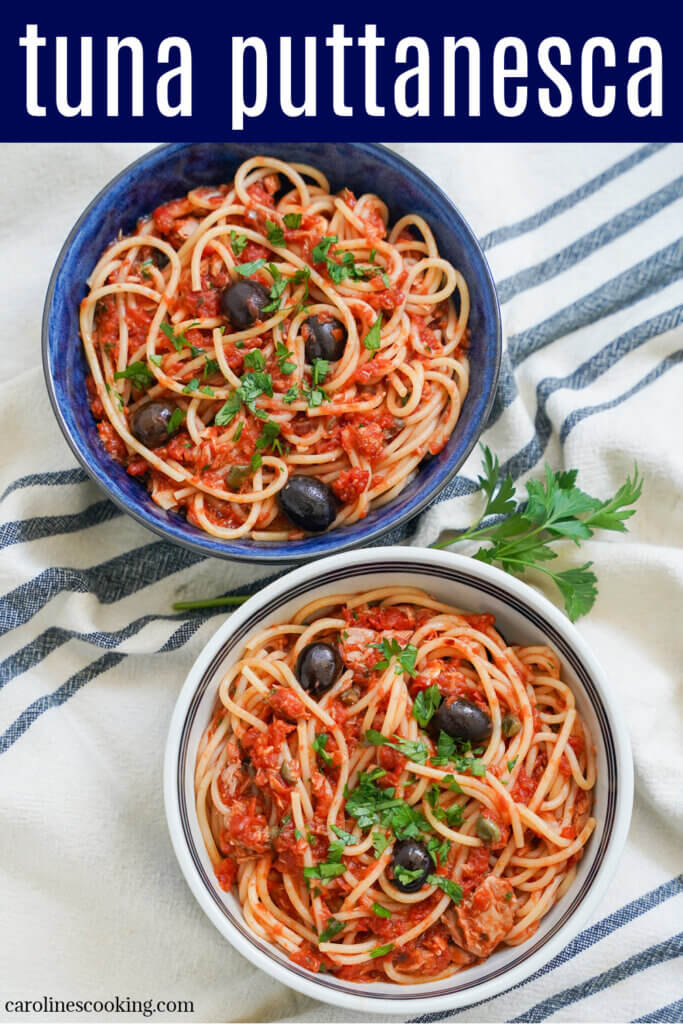 This tuna puttanesca is a slight twist on the classic pasta dish with tomatoes, capers, anchovy and more. It's easy to make, packed with flavor and ready to enjoy in no time.