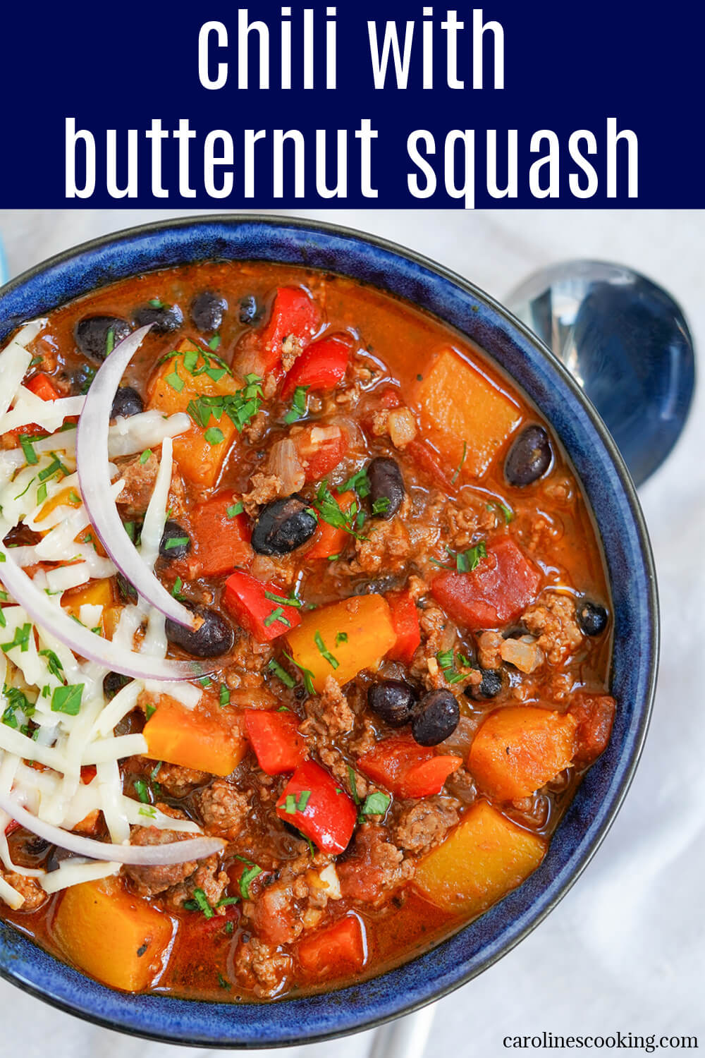 This chili with butternut squash is easy to make, cozy and comforting yet a little lighter with chunks of tender squash added in the mix. A tasty meal perfect any time, great to make ahead.