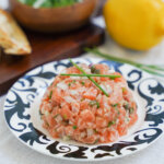 plate of salmon tartare from side.