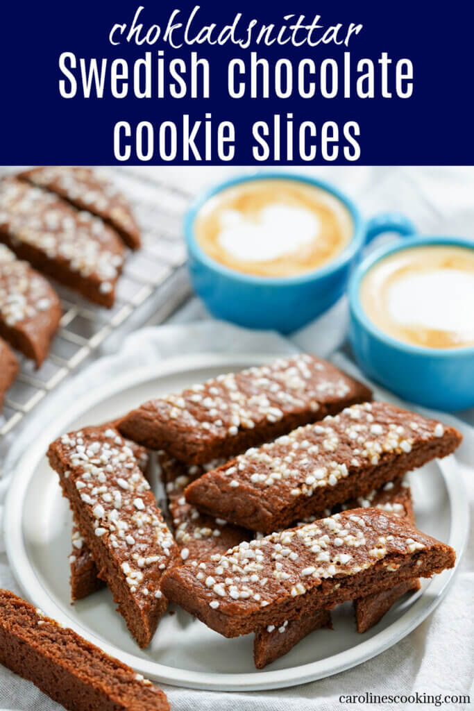 These Swedish chocolate cookie slices, chokladsnittar, are easy to make with no chilling required and have a lovely mix of chocolate flavor, crisp outside and chewy middle, with a little crunch from the sugar on top. Perfect to add to a festive cookie plate or to bake any excuse.